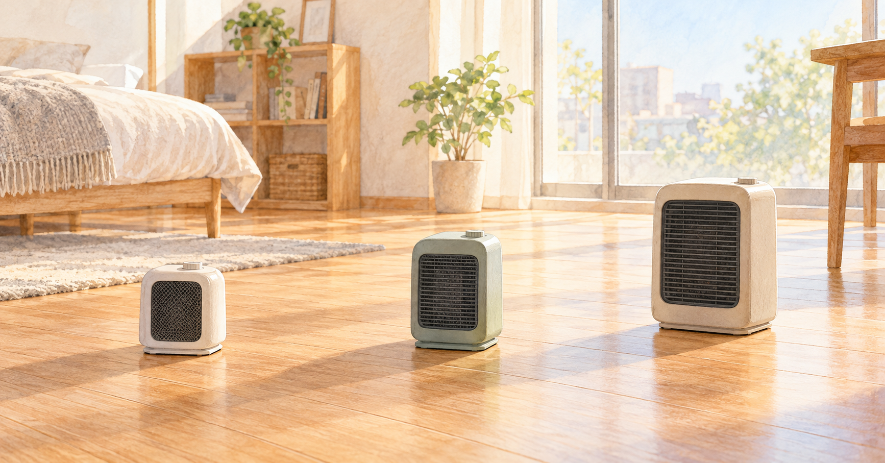 冬の朝のワンルームで、小ぶりのヒーターを間隔をあけて並べた床