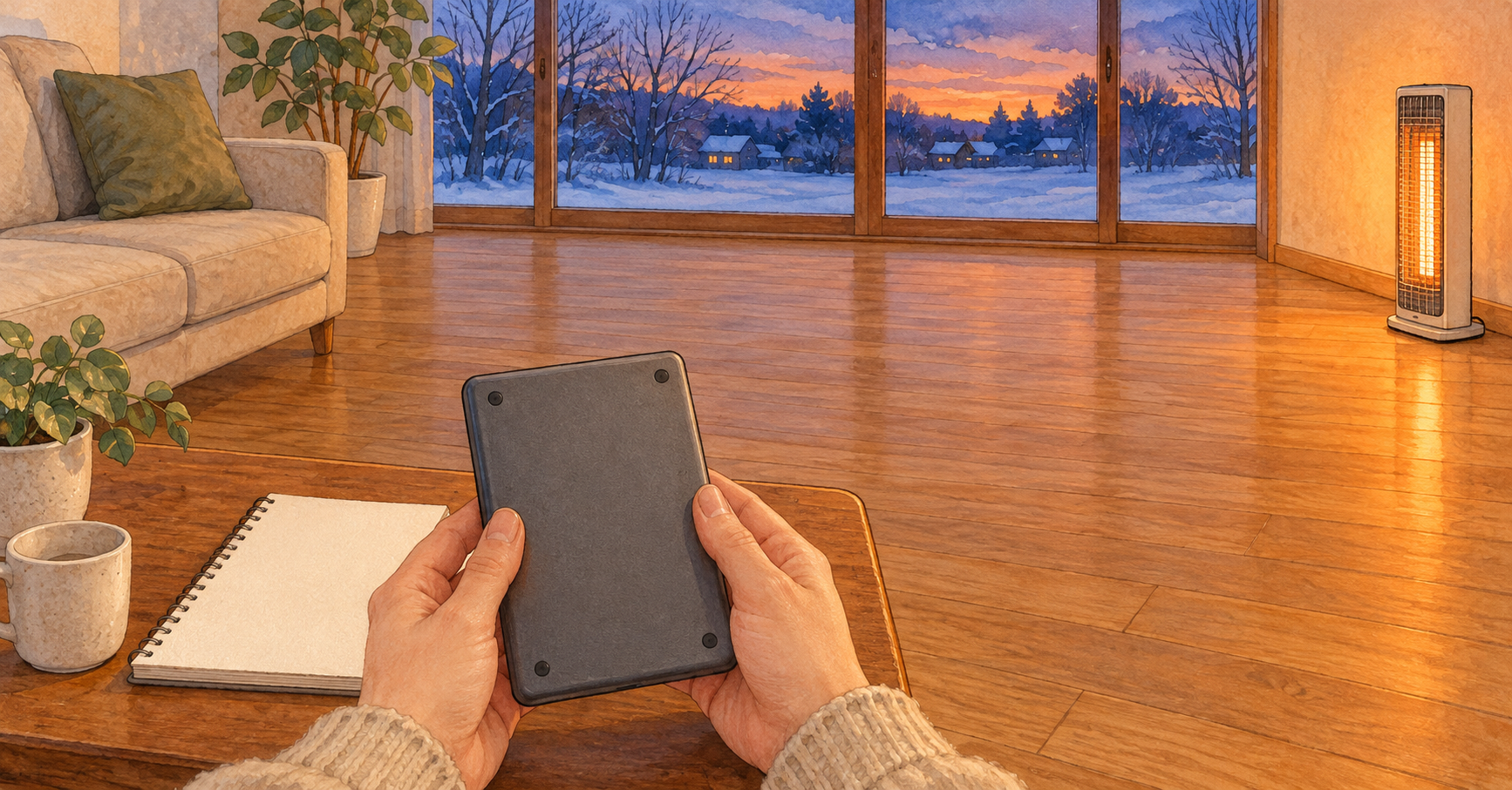 冬の夕方、離して置いたヒーターのあるリビングで電卓とメモを前に考える手元