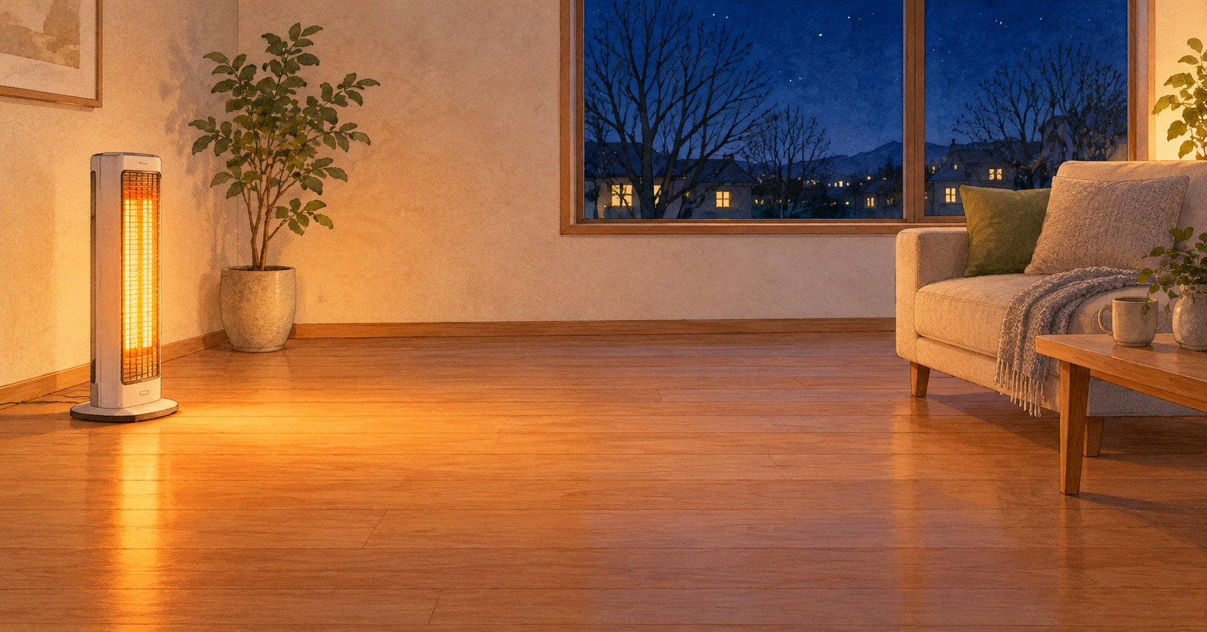 冬の夜のリビングでソファから離して置いた縦長の電気ストーブ