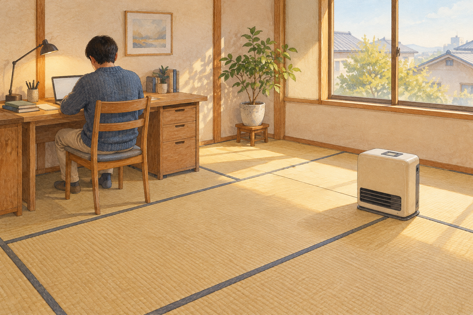 書斎の床に置いた小さなファンヒーターと机に向かう後ろ姿