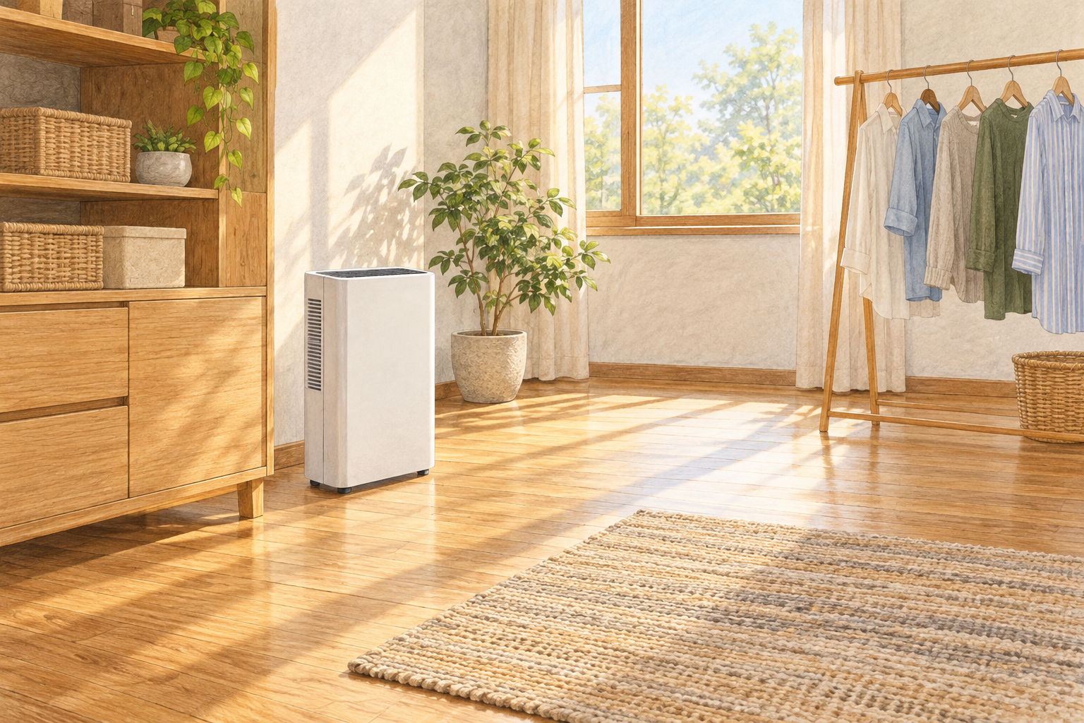 収納家具のそばの乾いた床に置いたスリムな箱型除湿機