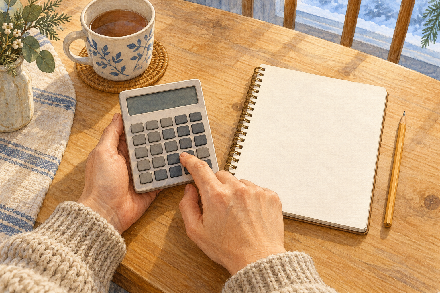 白紙のノートを開き、表示やボタンに文字のない電卓を操作する手元