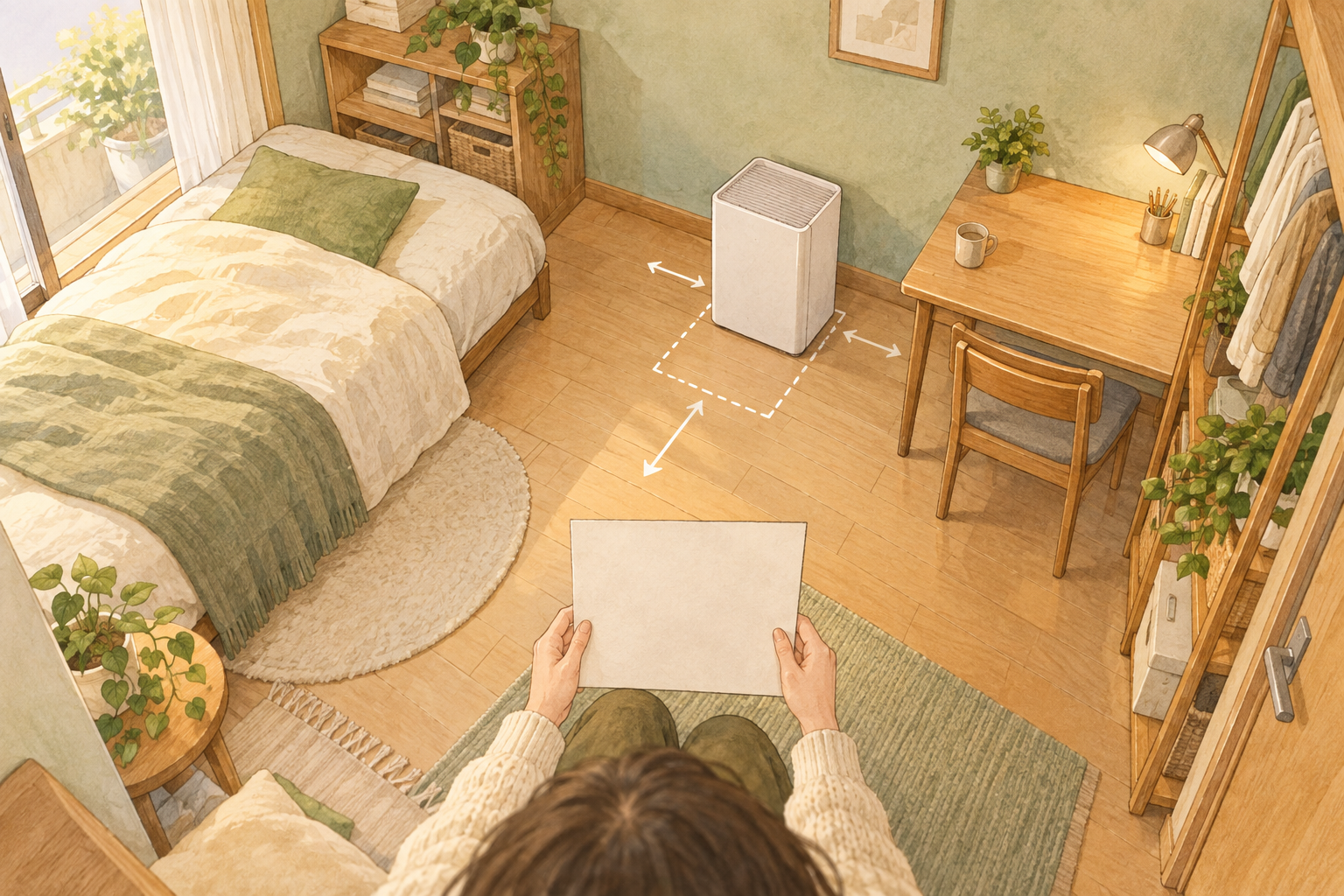 ベッドとデスクの間で床の空き場所を検討する様子