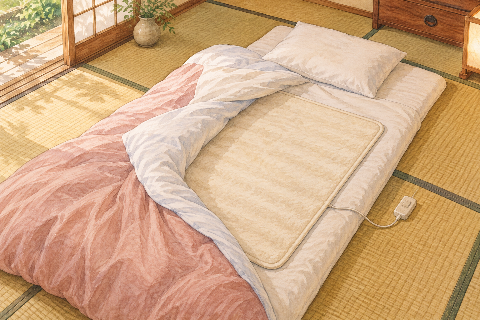 畳の部屋の敷き布団に、平らに広げた小さな毛布