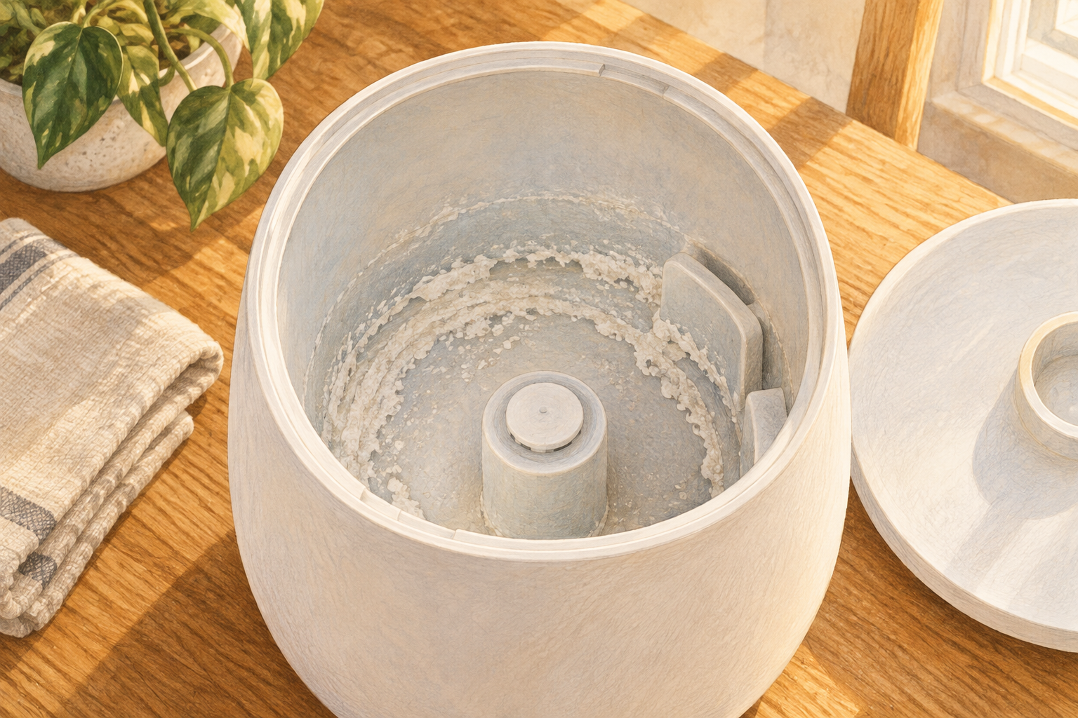 白いざらつきが付いた加湿器の内容器を上からのぞく様子