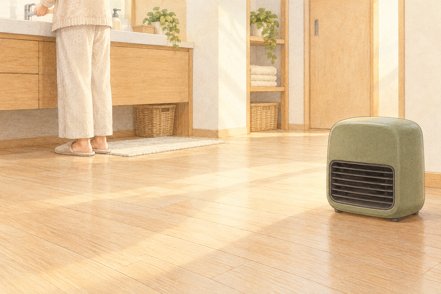乾いた洗面所の開けた床に置かれた小型ヒーターと身支度する人の足元