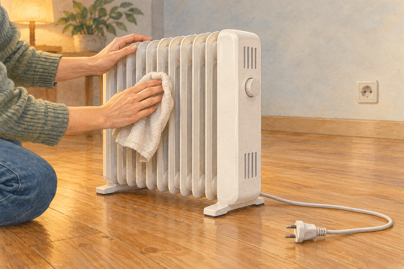 抜いたプラグのある暖房器を乾いた布で拭く手元