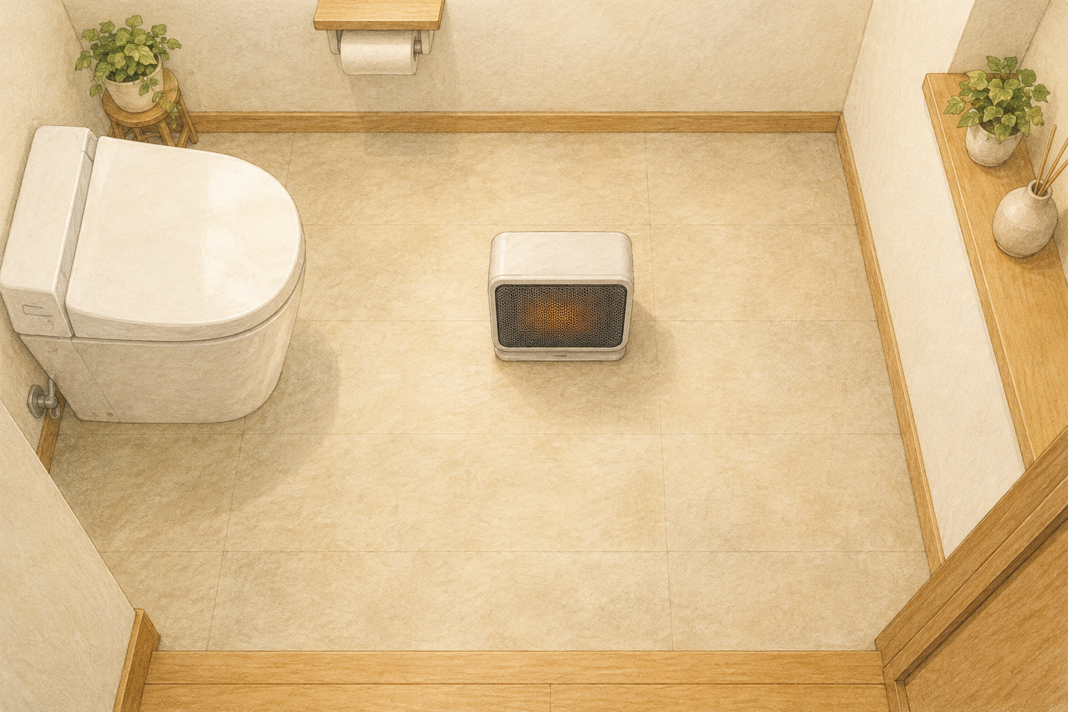 周囲を空けたトイレの床に置いた小型ヒーター