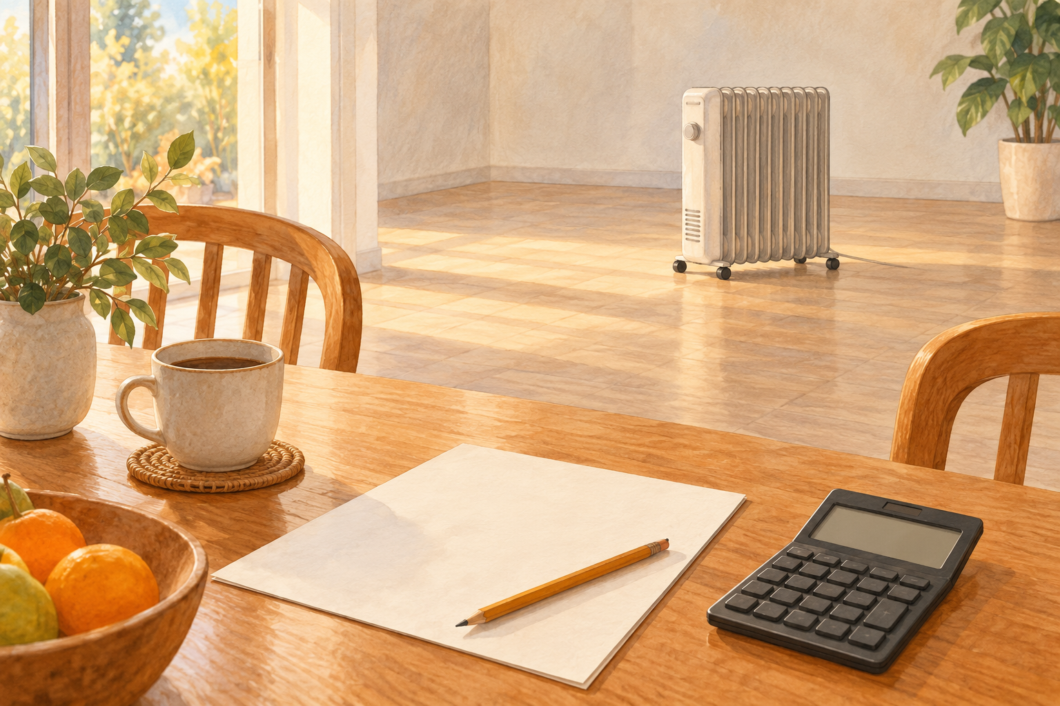 暖房のある部屋を背に白紙のメモと電卓を置いたテーブル