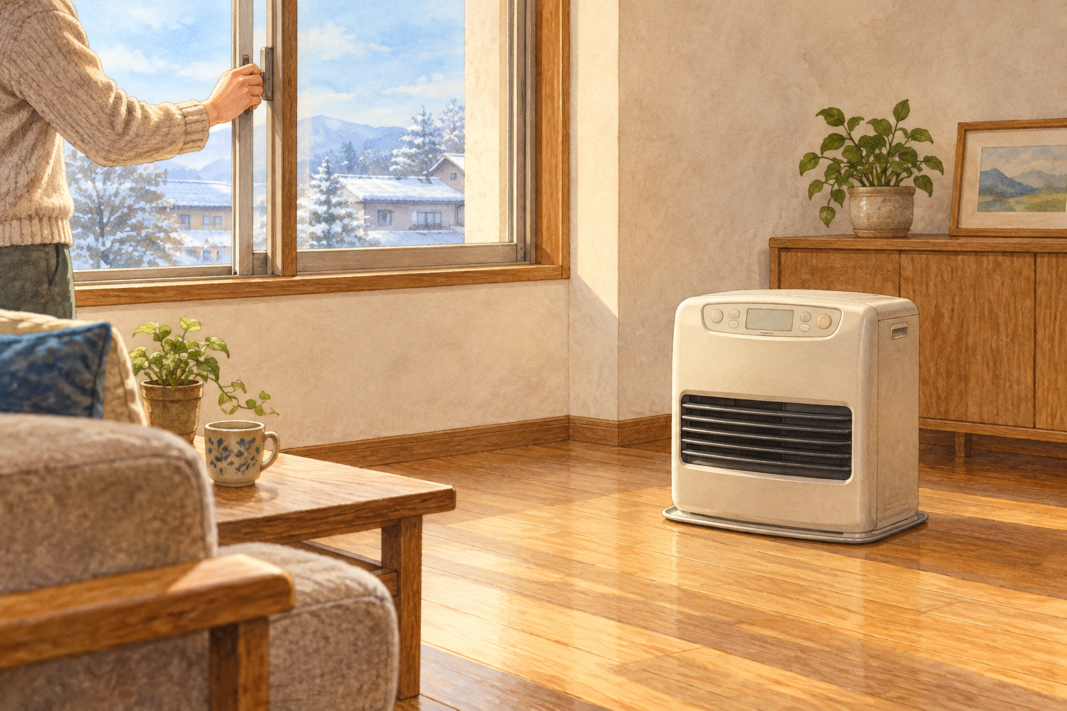 ファンヒーターを置いた部屋で、換気のため窓を少し開ける手元