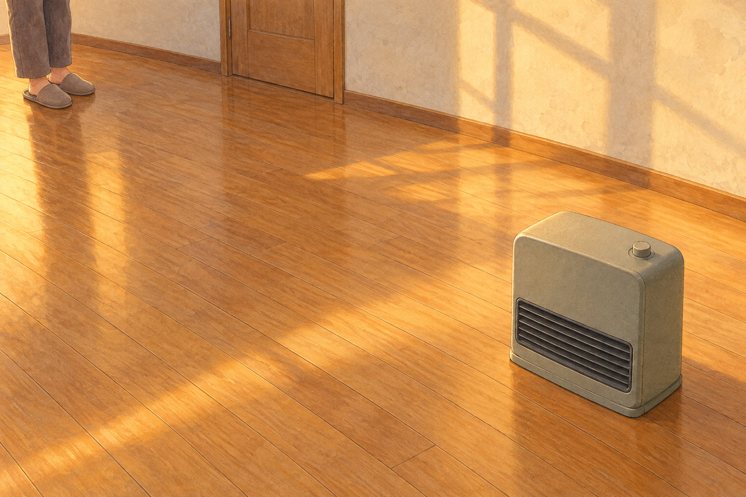 午後の部屋でヒーターから距離を取って立つスリッパの足元