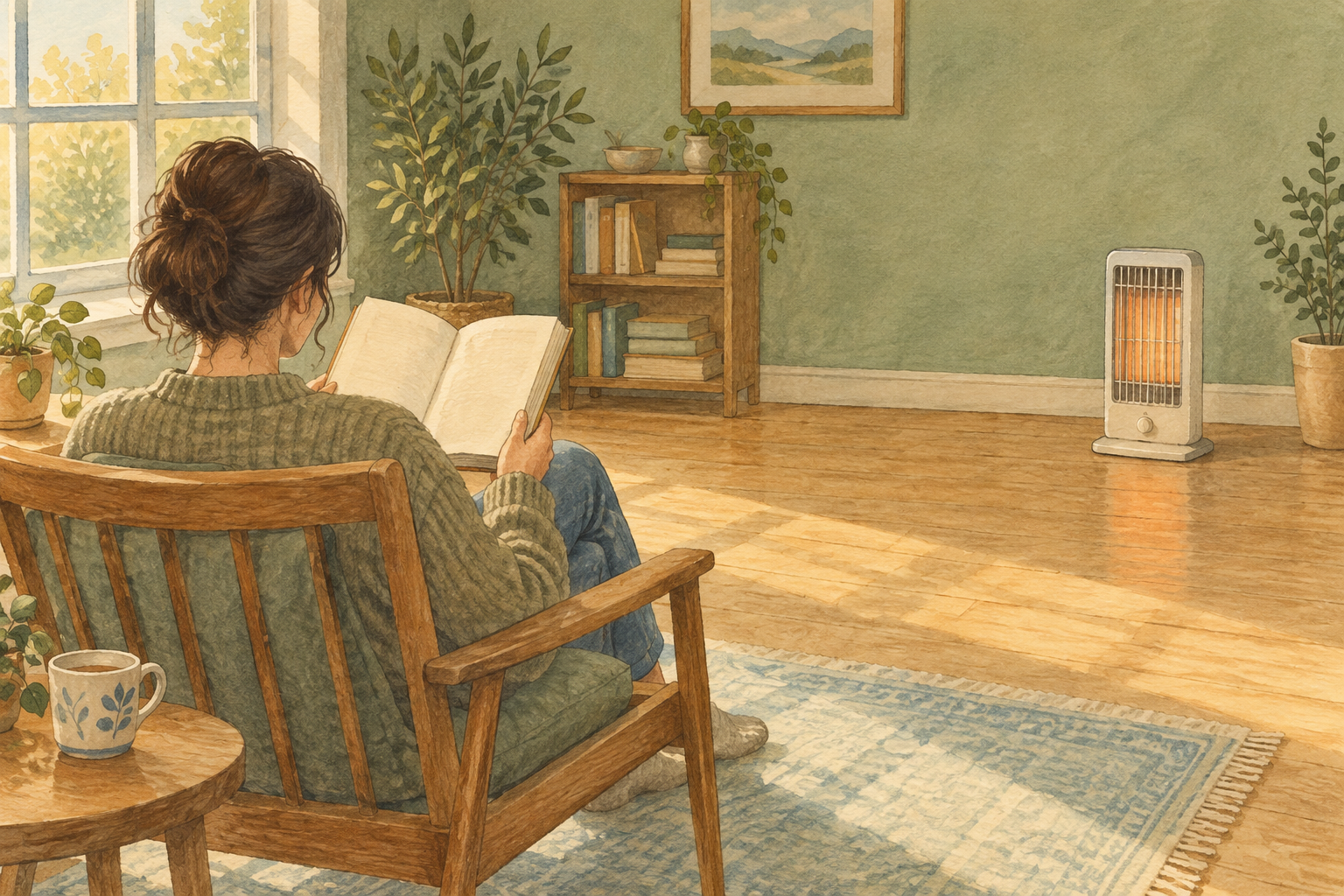 離して置いたヒーターを前に椅子で本を読む人の後ろ姿
