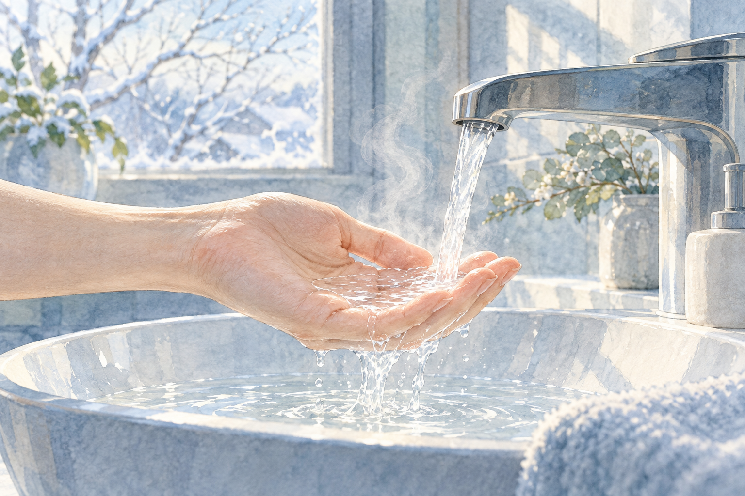 冬の朝、蛇口から流れるお湯を手のひらで受ける手元