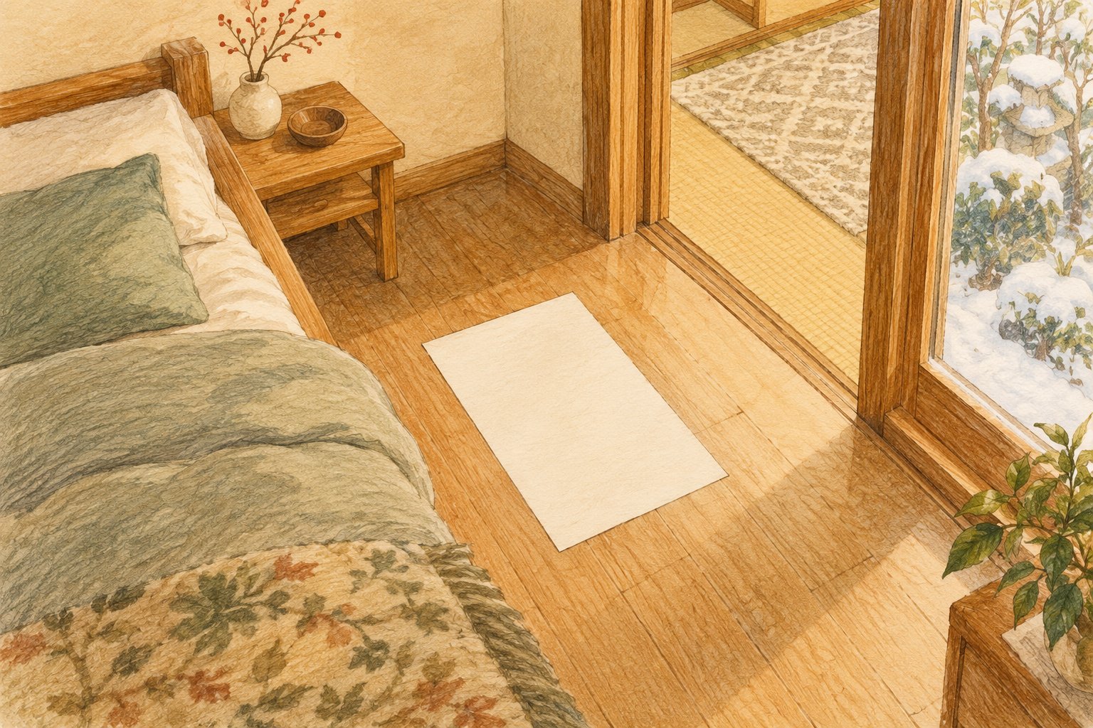 ベッド脇の床に置き場所の目印を広げた様子