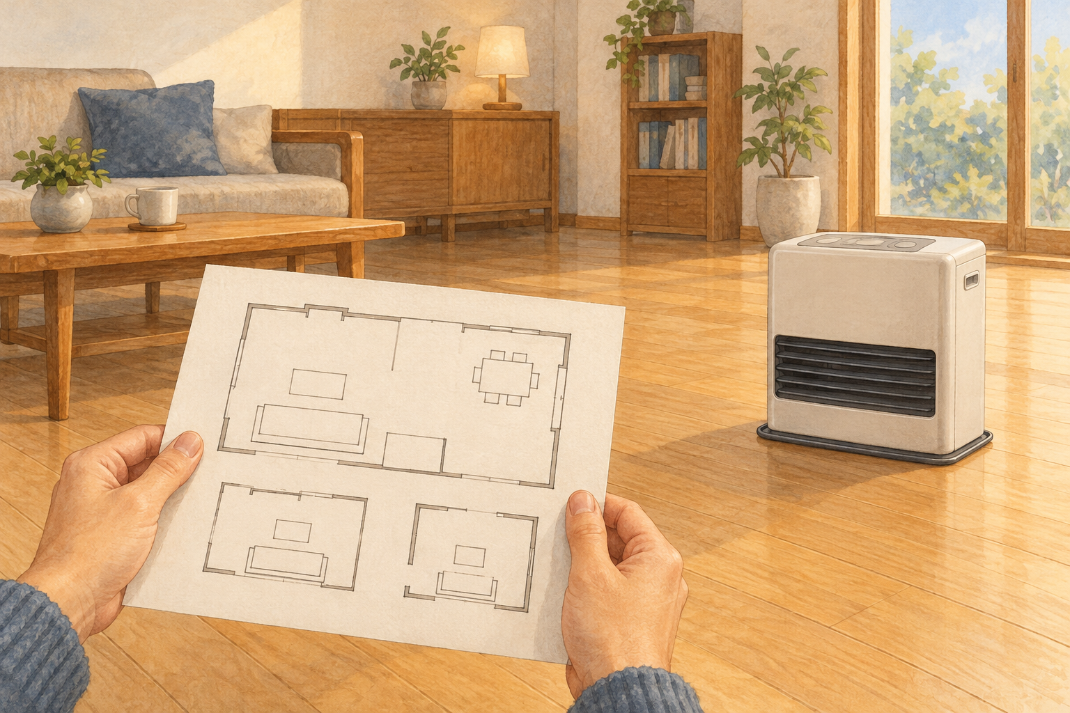 部屋の間取り図を手に、床に置いたファンヒーターの配置を考える場面