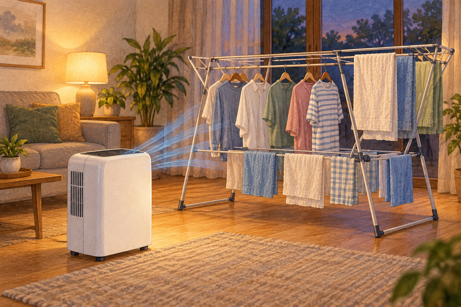 夕方のリビングに並ぶ家族の洗濯物と床置きの箱型除湿機