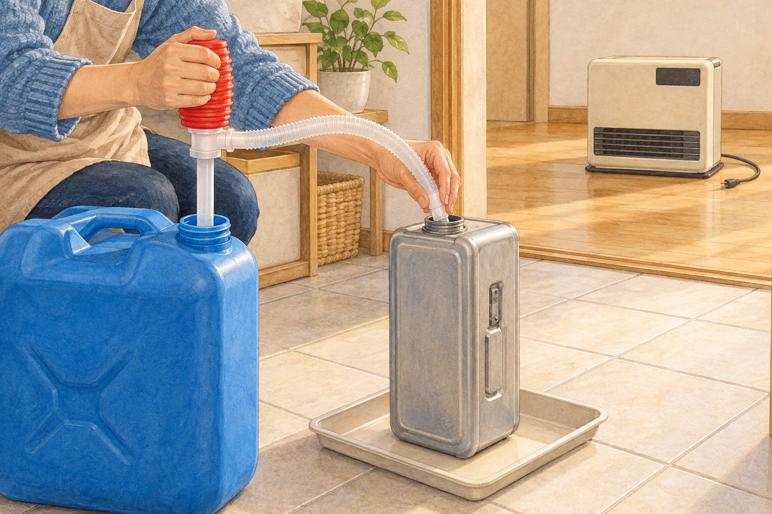 消火したヒーターから離した場所でカートリッジタンクに青い灯油容器から給油する手元