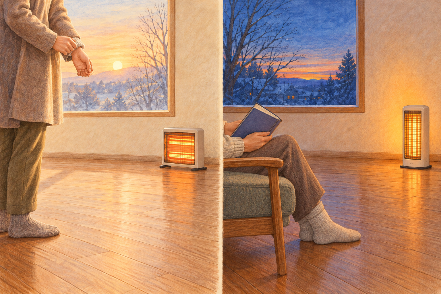 朝の支度と夕方の読書に分けて電気ヒーターを使う生活場面