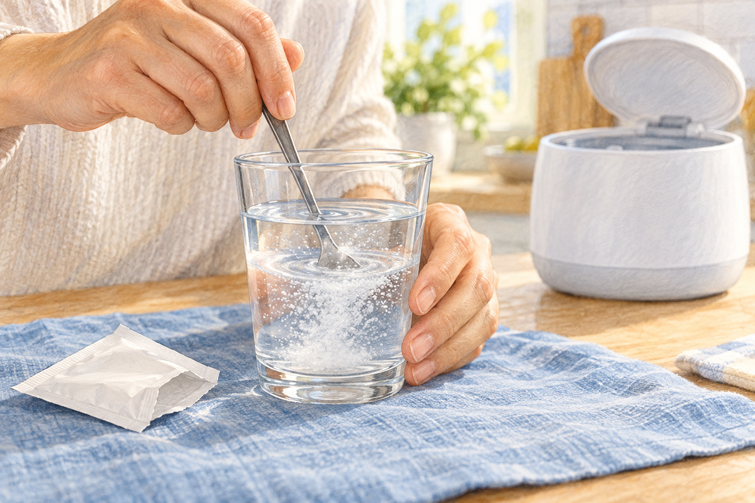 コップのぬるま湯で白い粉を溶かす手元