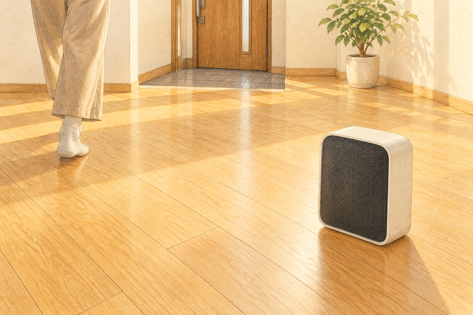 乾いた玄関側から部屋に入る人の足元と、開けた床の小型ヒーター