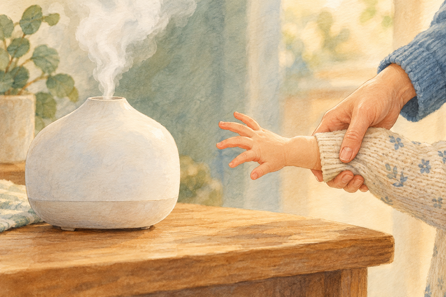 加湿器に伸ばした子どもの小さな手を、大人がそっと引いている