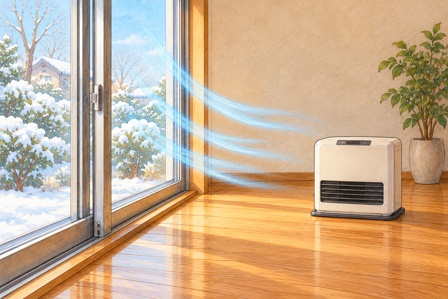 少し開けた窓から外気を入れる部屋と離して置いたファンヒーター