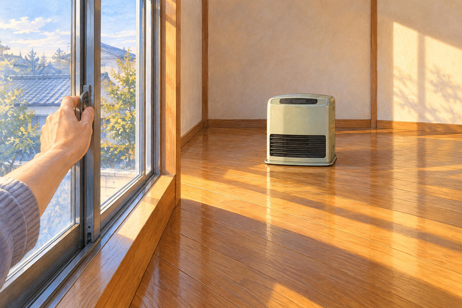 床のヒーターから離れた窓を少し開けて換気する手元