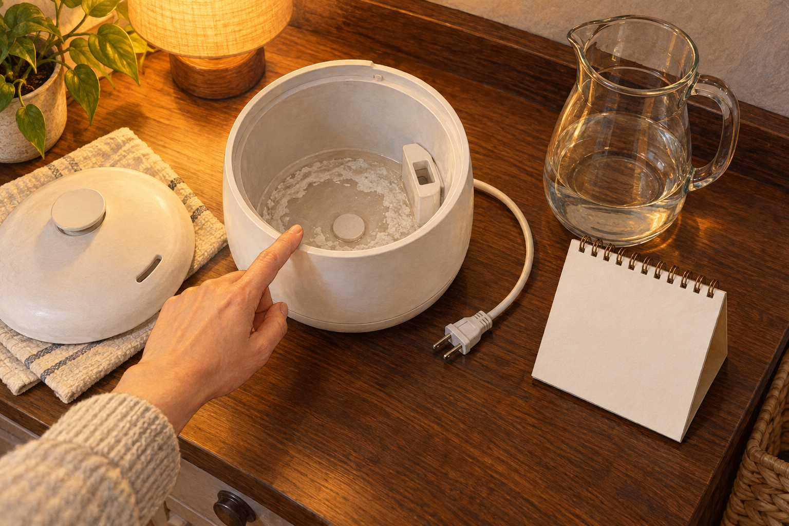 夕方の台に置いた加湿器の白い汚れを指し示す手元