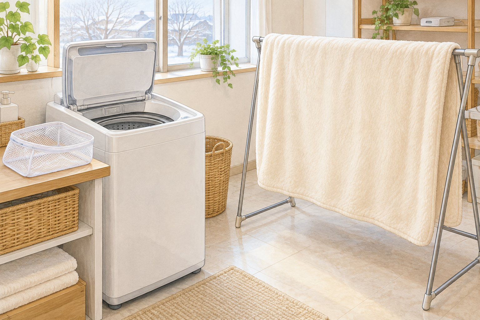 縦型洗濯機と洗濯ネット、日陰の物干しに広げた毛布